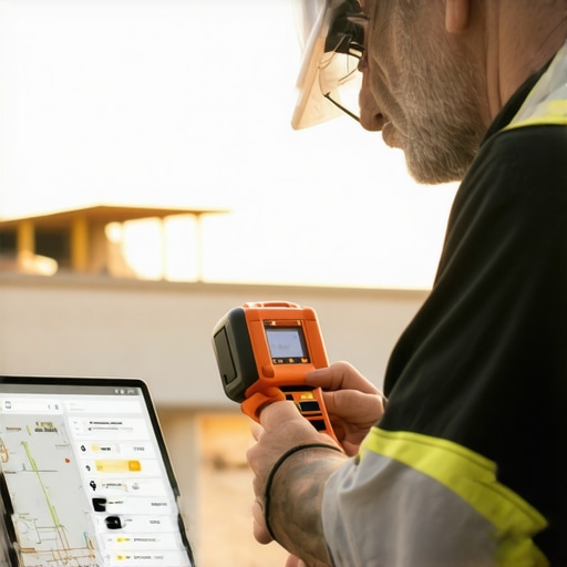 Using Laser Measurement and Project Management Tools in Construction Builder measuring the site with a laser device while managing project details on a tablet.