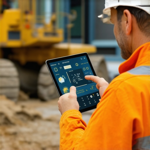 Construction worker checking weather forecast on tablet during construction