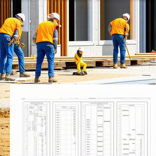Construction workers installing windows on a building