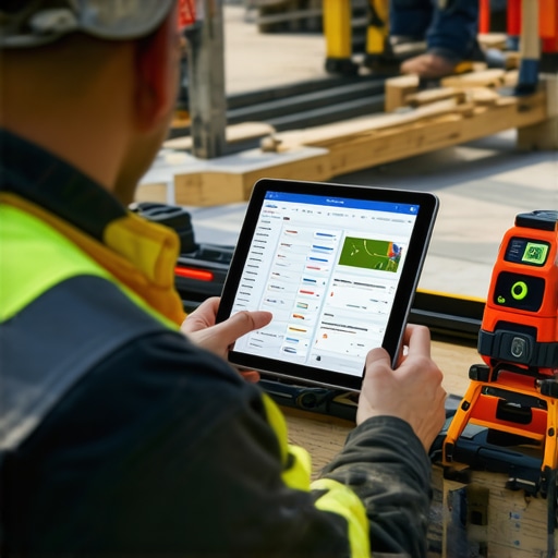 contractor using digital tools on site Contractor with tablet managing construction project equipment