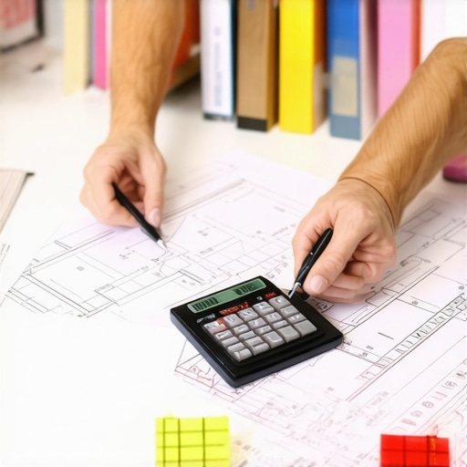 Estimator reviewing blueprints and digital plans with calculator and materials