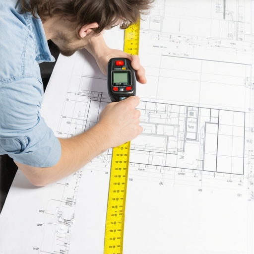 Person using laser distance meter and blueprint to measure house for accurate square footage