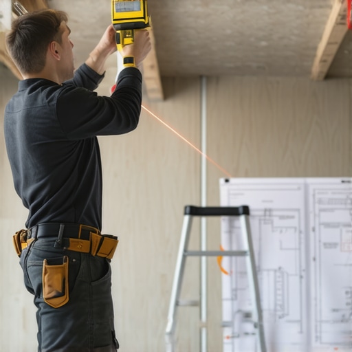 Professional measuring basement ceiling height with laser device and ladder