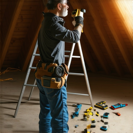 Homeowner measuring attic ceiling height with a laser tool and ladder in a well-lit attic.