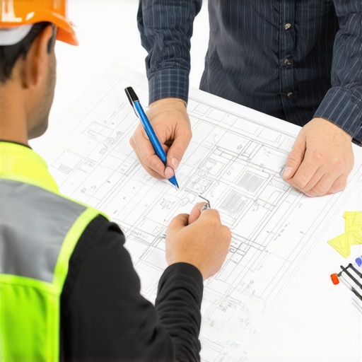 Architect and contractor reviewing blueprints and permit documents during planning