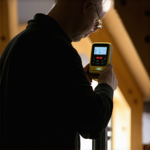 Attic Measurement Precision Surveyor using laser measuring device in attic setting for precise headroom assessment.