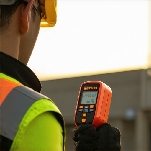 Calibrating Construction Measurement Tools Person adjusting a laser measurement device on a construction site.