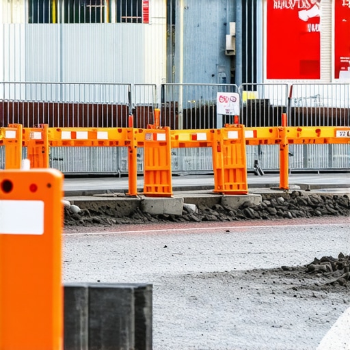 Construction site showing a marked and contained washout area with barriers and signs