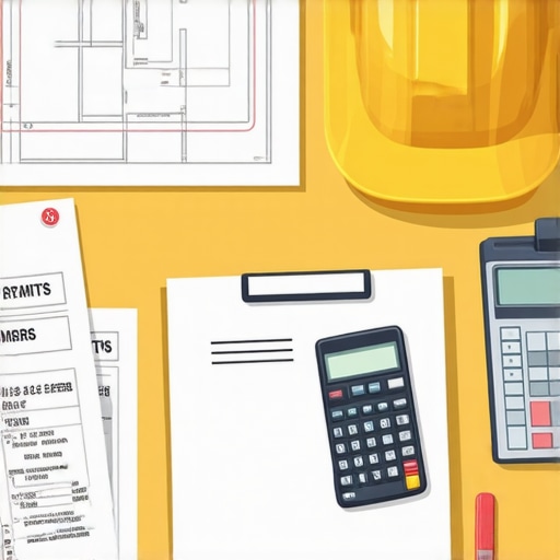 Blueprints, permit forms, and a calculator on a clipboard at a construction site.