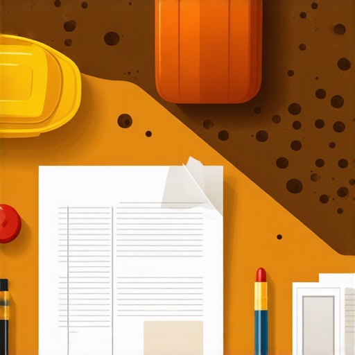 A detailed illustration showing construction planning, soil testing, and permit paperwork on a site table