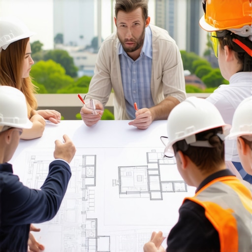 Construction Planning for Permits and Estimates Team of construction professionals reviewing permits and project estimates at a site meeting.
