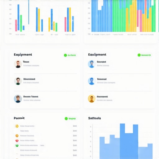 A high-tech digital construction site dashboard showing project timelines, equipment health, and permit statuses.