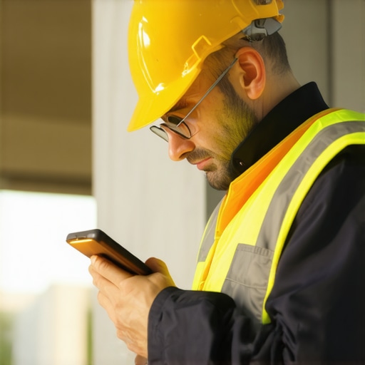 A construction professional measuring distances with a laser device and reviewing construction plans on a tablet.