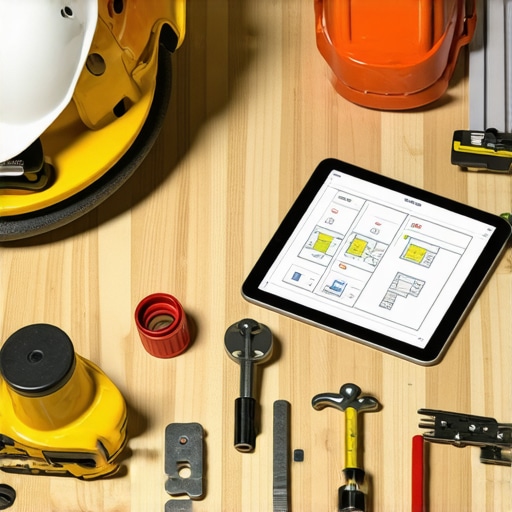 Construction workers using tablets and advanced tools for site maintenance and project management.