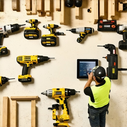 Worker inspecting tools and using digital device on a busy construction site.