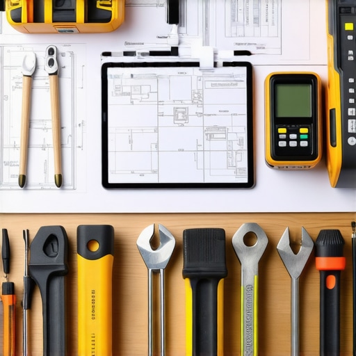 Various construction tools and digital devices on a workbench, ready for use.