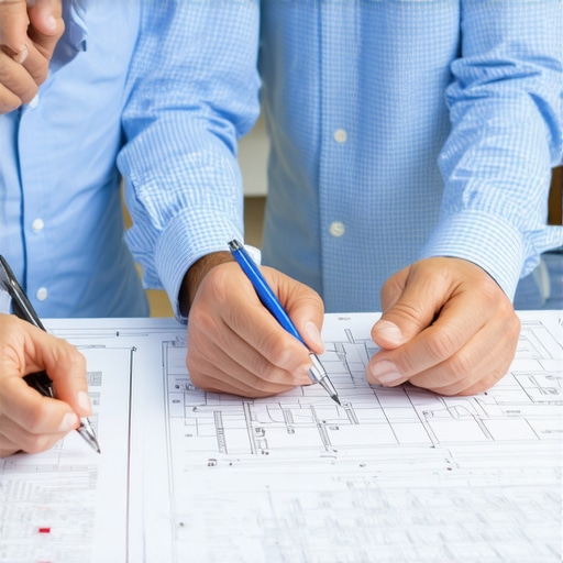 Homeowner discussing basement kitchenette plans with a building inspector, reviewing blueprints and permits.