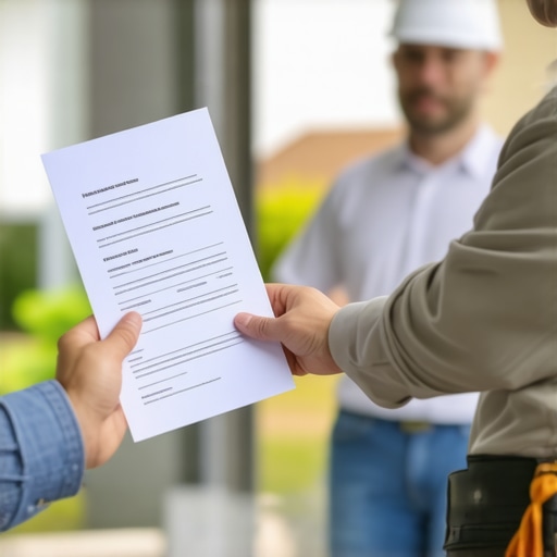 Homeowner reviewing contractor's liability insurance certificate during construction site visit.