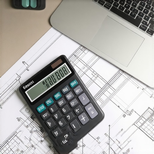 Detailed Construction Planning Architect's desk with blueprints and calculation tools for building estimation.