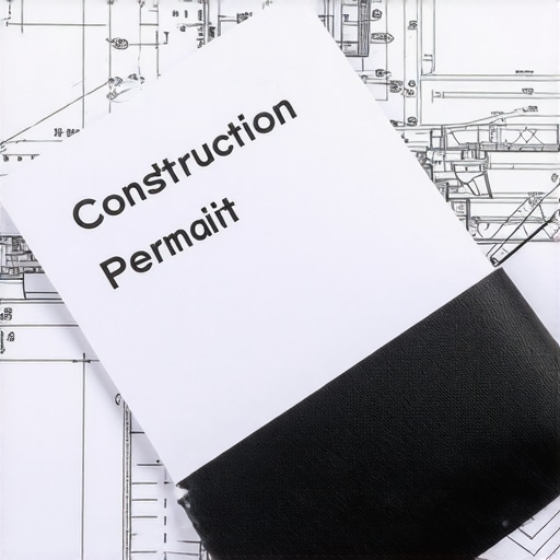 Construction permit documents with blueprints and technical details laid out on a desk.