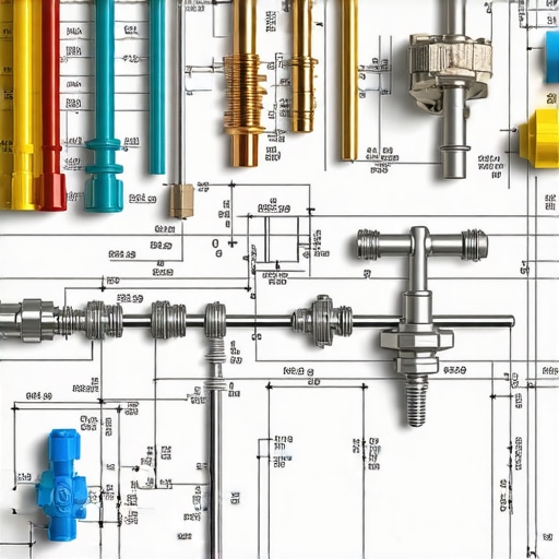 Blueprint of plumbing system showing fixtures and pipe layouts on site.