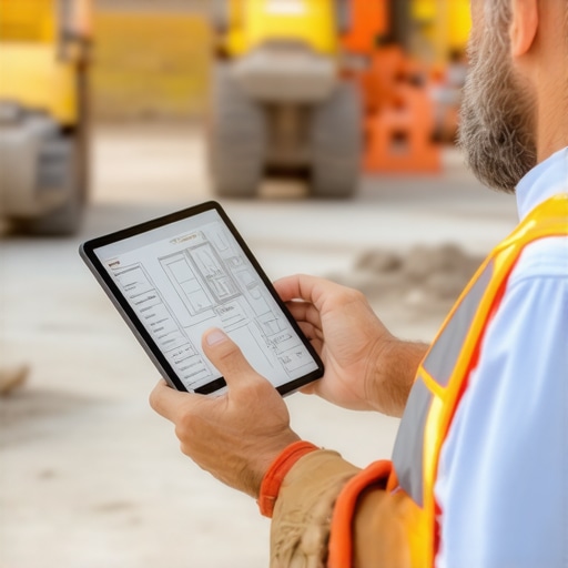 A construction professional managing project details on a tablet at a busy site.