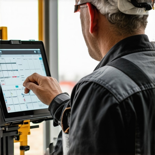 A worker using a digital laser level and tablet for construction measurements.