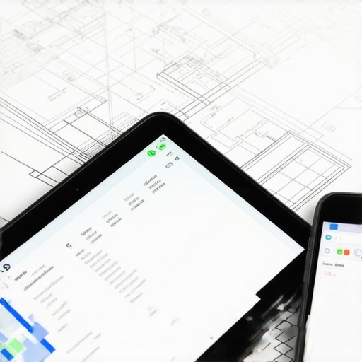 Person using tablet and smartphone with construction design plans and project management interface.