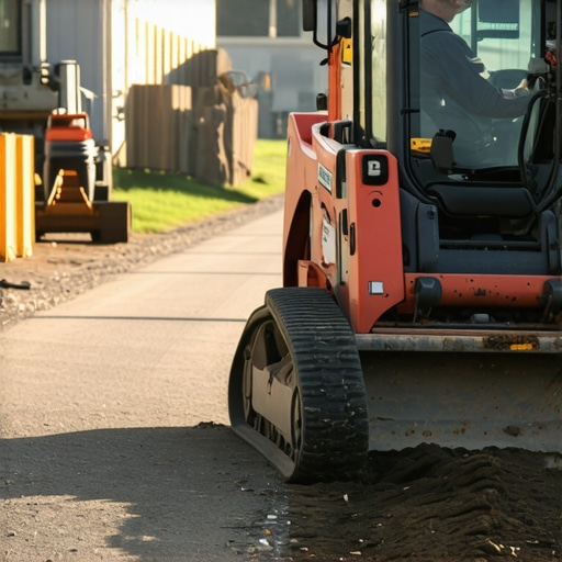 Driveway grading process by contractor Contractor using equipment to regrade a sloped driveway for proper drainage.
