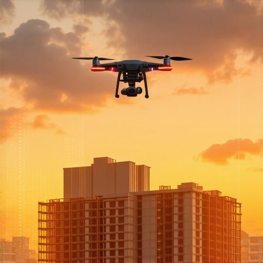 A drone flying over a construction site showing structural data on a digital display