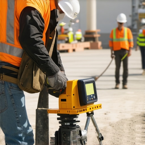 Workers maintaining equipment on a busy construction site, highlighting tools and technology