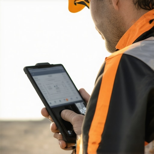 Construction worker maintaining project with high-tech tools; Focus on precision and technology.