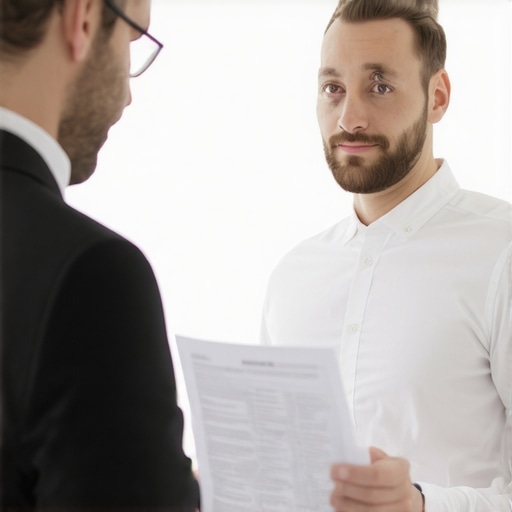 Architect and official discussing permit paperwork in an office.