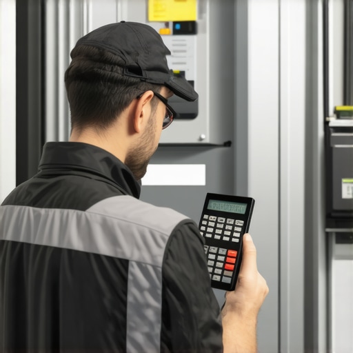 Electrical Load Assessment Technician examining an electrical panel with labels and calculator