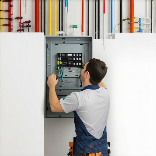 Electrician setting up a new electrical panel in a basement