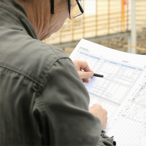 Structural engineer analyzing blueprints and load assessments on-site.