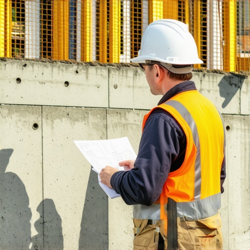 Engineer inspecting retaining wall plans on-site Engineer examining blueprints of a retaining wall during construction inspection.