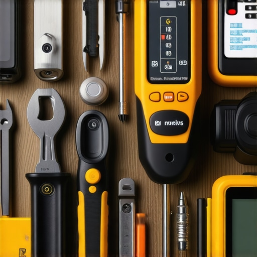 A toolkit with moisture meter, multi-meter, inspection camera, and smart home devices for basement kitchenette upkeep.