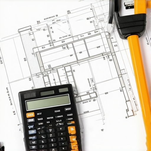 Blueprints and calculator on an architect's desk