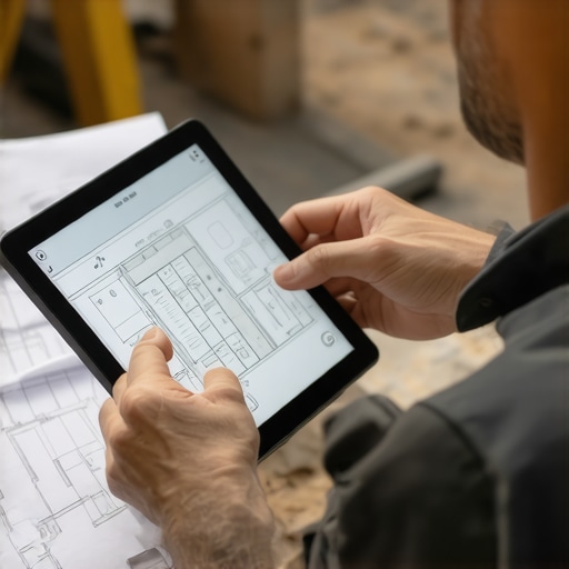 Estimator Using Digital Tools on Site Construction professional managing project estimates with tablet and plans