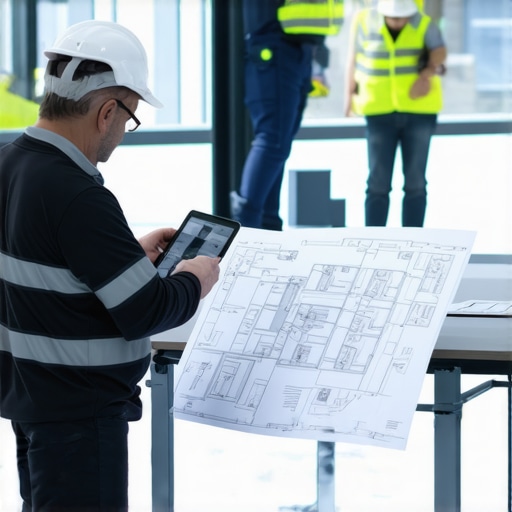 Expert estimating at construction site Construction professionals discussing project estimates with blueprints and tablets