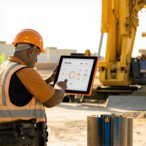 Construction worker using laser measuring device with project management software on tablet at a building site