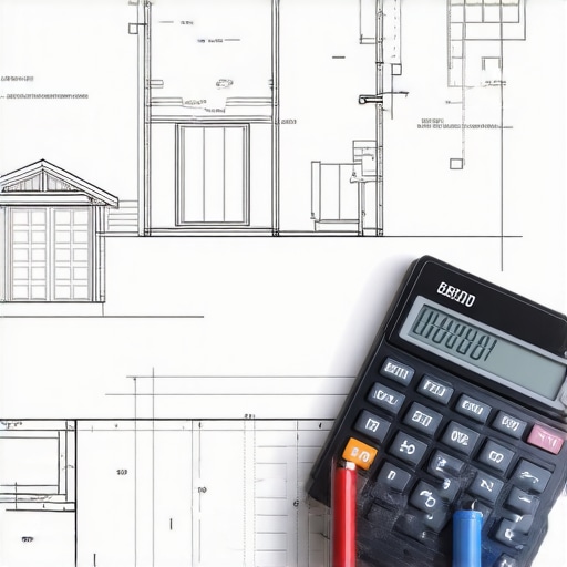 Blueprint plans with permit stamp and calculator for home addition