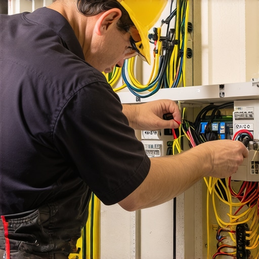 Inspector reviewing electrical wiring during home inspection.