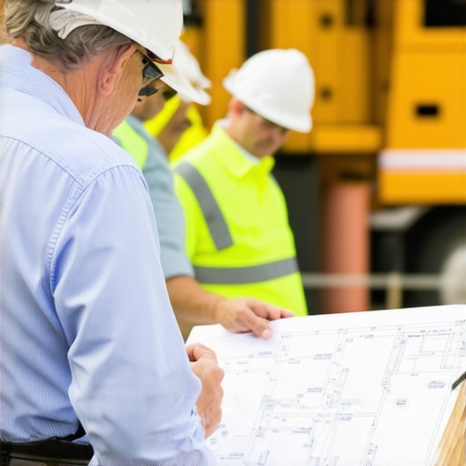 Homeowner consulting city officials over sewer connection site plans at a construction site.