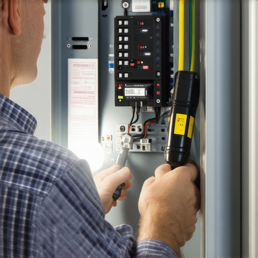 Person inspecting an electrical sub-panel by flashlight, verifying label and breaker sizes for capacity assessment.