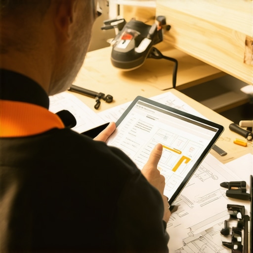 A person managing home renovation tasks using a tablet equipped with project management software at a construction site.