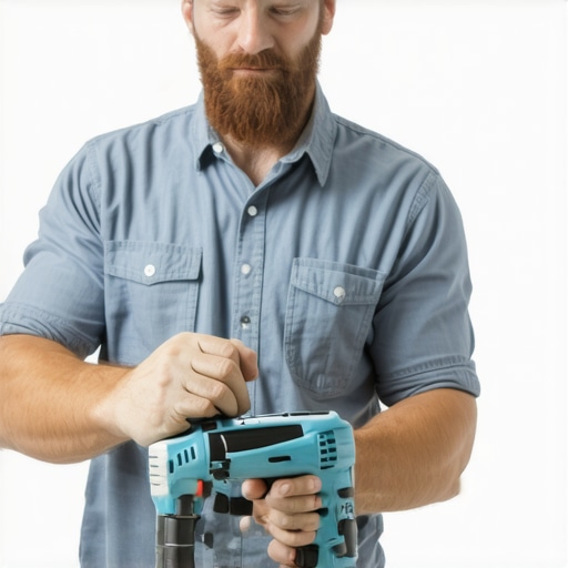 Homeowner Using Tools for Maintenance Homeowner working with power tools and digital device for home upkeep