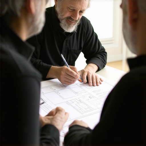 Homeowner and contractor discussing construction plans with blueprints.