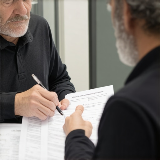Homeowner and building inspector reviewing permit documents at city office.